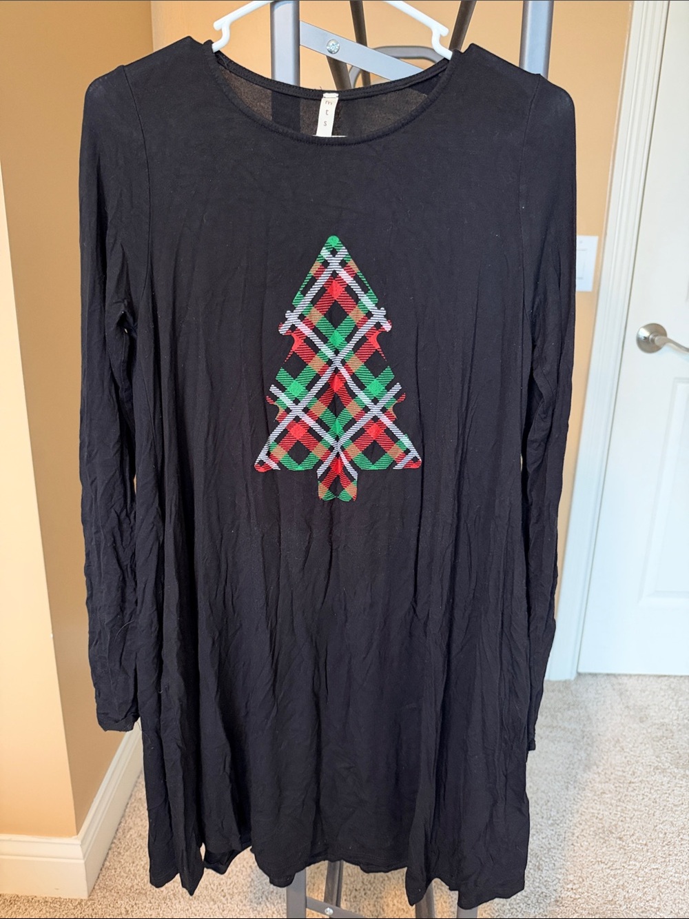 Black Long Sleeve Dress with Plaid Tree